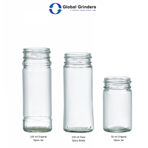 3 glass spice jars in different shapes from 100ml to 50ml