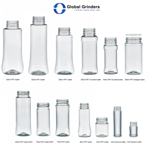 13 plastic spice containers in different shapes from 375ml to 10ml