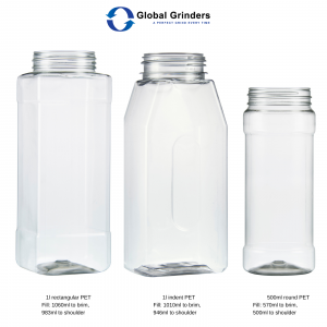 3 Super-size PET spice bottles in different shapes from 500ml to 1l