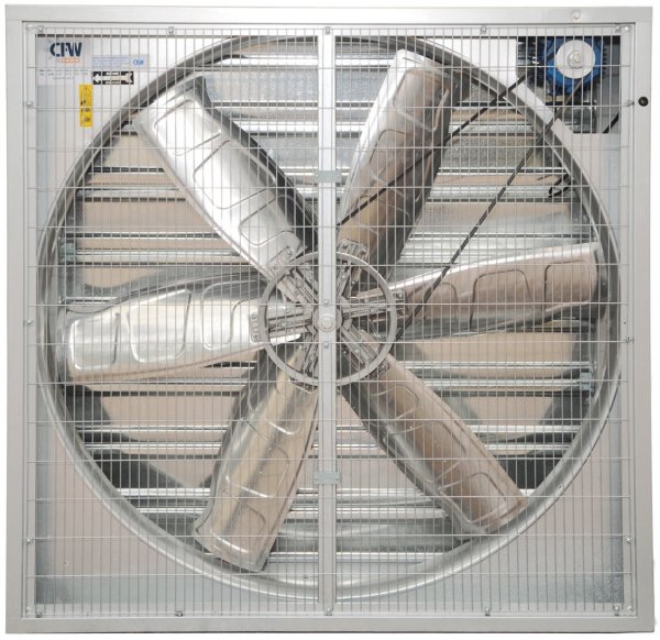 Maxiflow fan model GFQ-1250-MSBS-1.1KWT. Includes shutters. These low-speed fans offer an efficient, economical, durable, and low-noise solution for ventilation of large indoor spaces. The substantial airflow delivered by these tried & tested fans can either be used in replacement-air, or exhaust/extraction-air applications, to provide cooling and air movement, thus improving the work environment in the buildings. In industrial spaces they are used to reduce the heatload and humidity created by machinery, manufacturing equipment, staff, and solar energy. In agricultural spaces they are used in greenhouses, and in animal husbandry such as poultry houses and cow sheds to provide optimal conditions for the plants and animals. In both scenarios they can be used in conjunction with wetwalls which utilise evaporation through CeLPaDS (evaporation media) to provide additional cooling.